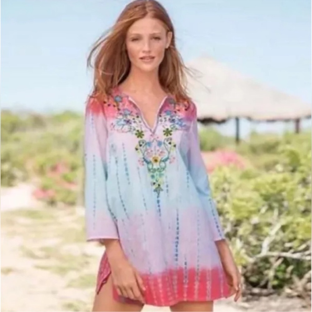 Sundance Dreaming in Color Women's Tunic Cover up Tie Dye Beaded Size Small